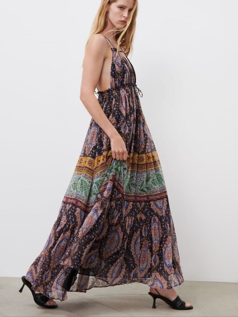 Zara Limited Edition Paisley Print Flowy Maxi Dress Size Large Festival FLAWED